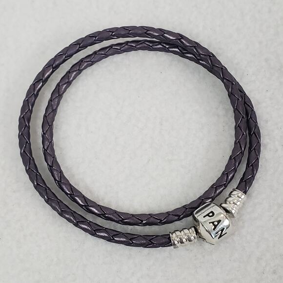 Pandora Purple Leather Double Wrap Braided Leather Bracelet Barrel Clasp 13.5” - Picture 1 of 3